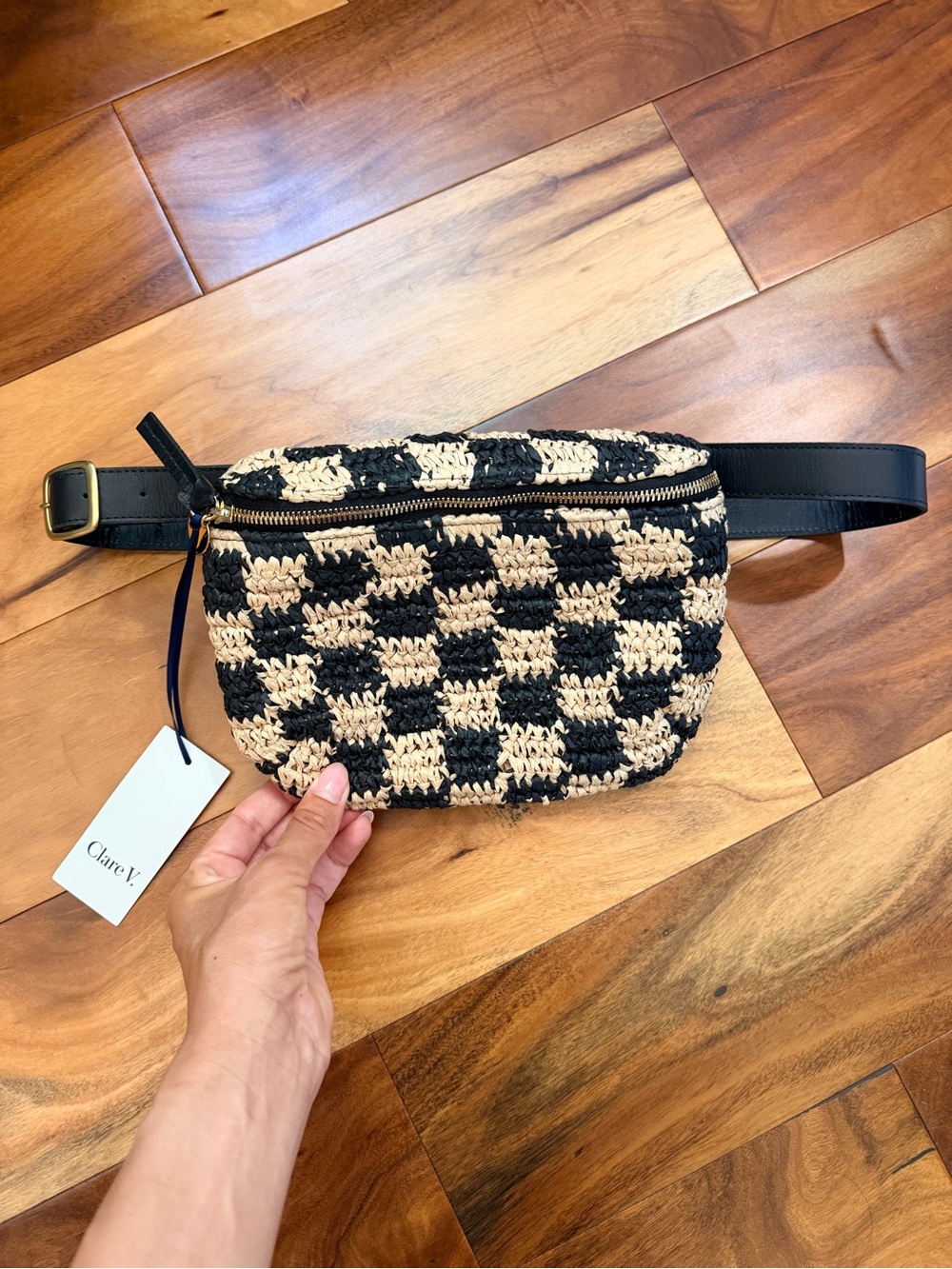 Clare V. Woven Checkered Belt Bag in Black and Tan